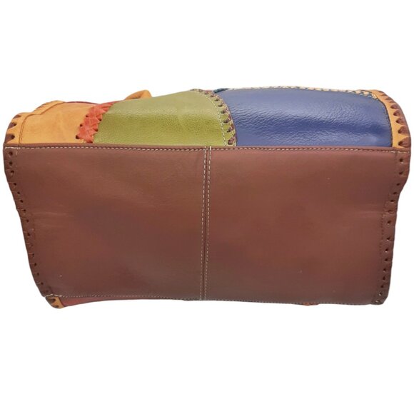 VTG Leather Multicolored Patchwork Barrel Bag Satchel Made In Mexico Purse Bag - Picture 6 of 13
